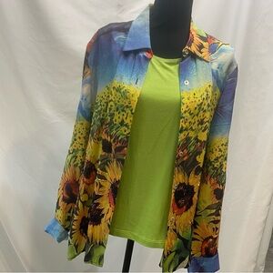 J-Silk 100% silk Women's Shirt Sunflowers Size L. Tank top Size XL. Pre-owned